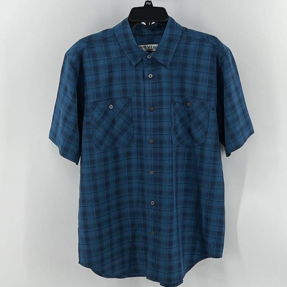 Orvis Plaid Button Down Shirt, Mens Medium, Blue, Short Sleeve Pockets